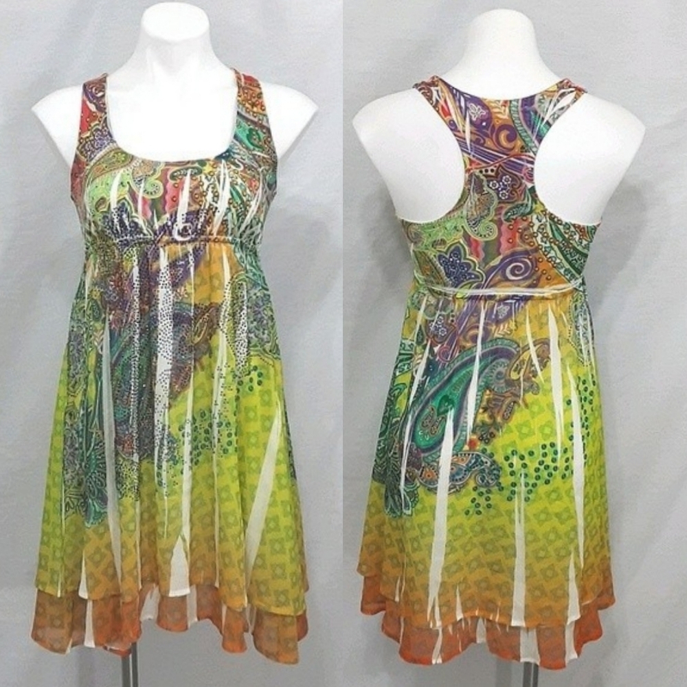 S-Twelve Multiprint Empire Waist Racerback Tunic Dress Small Boho Chic